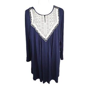 Vintage Moa Moa USA MAde Navy Blue Lace Crochet Bib Long Sleeve Tunic Top